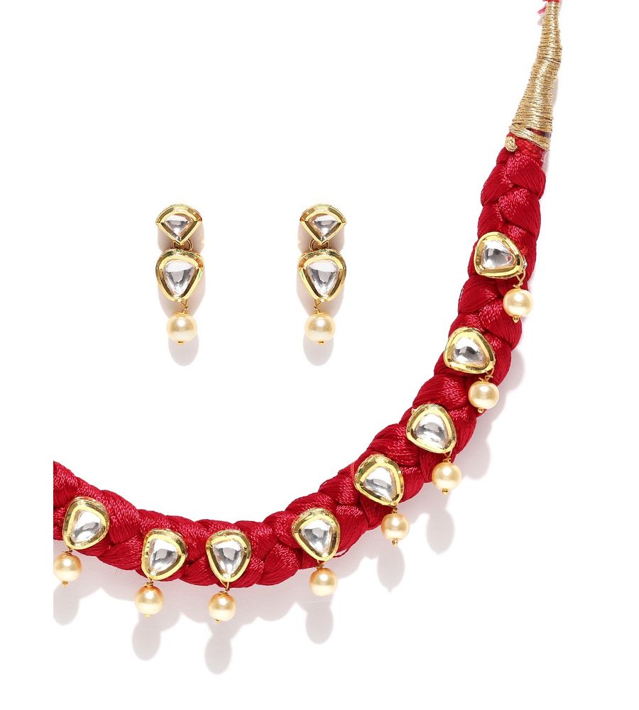YouBella Red  Gold-Toned Stone-Studded Beaded Jewellery Set